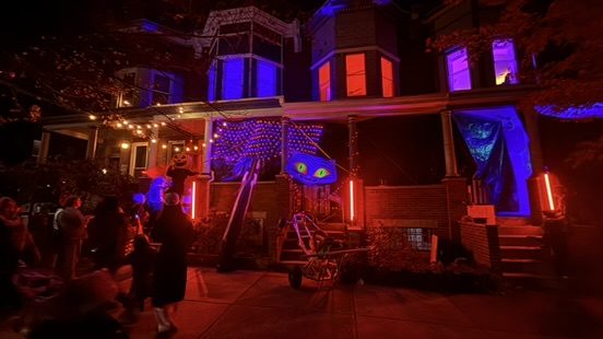 Eyes, blue lights, red light bars